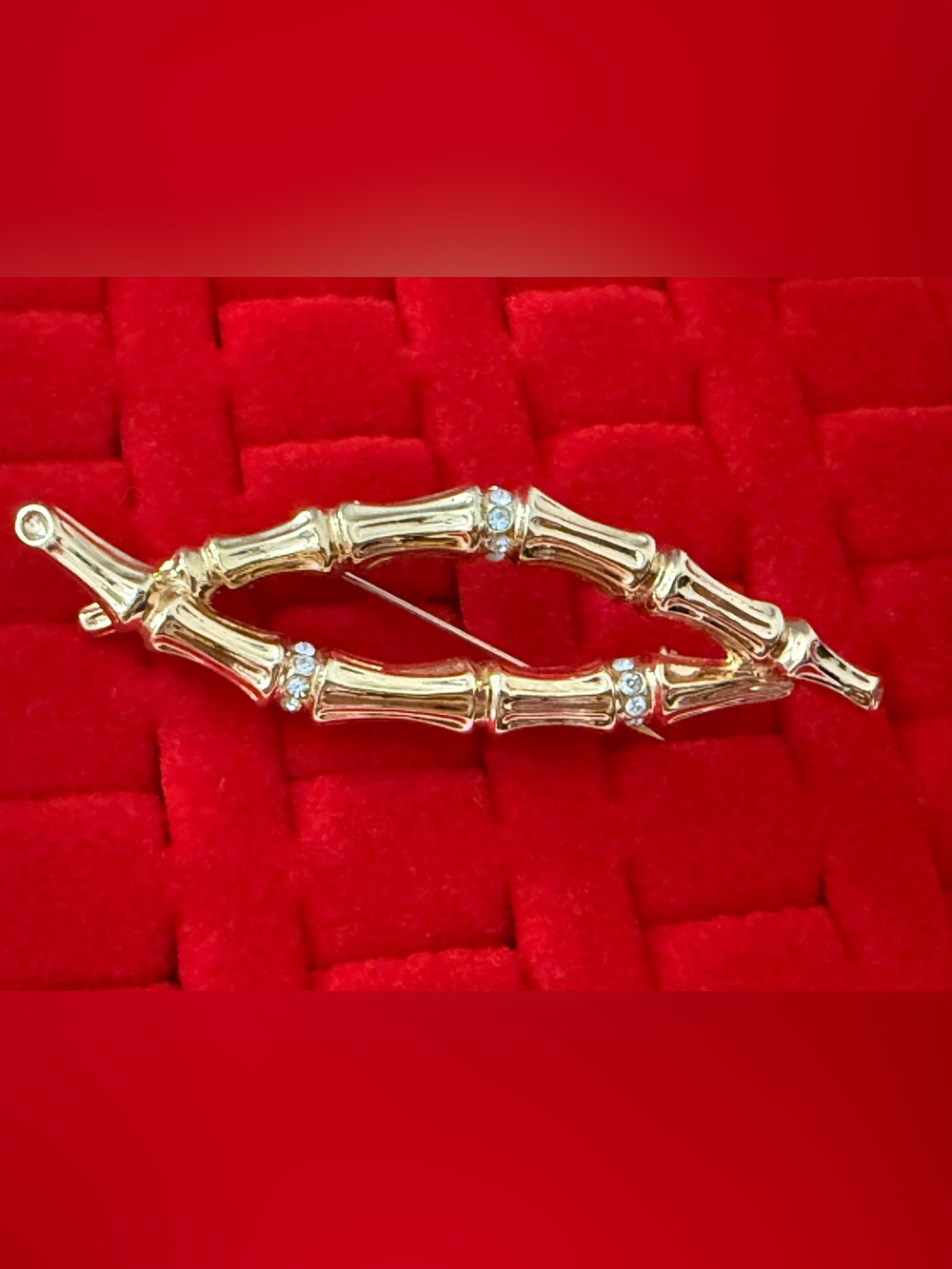 Vintage Gold-Tone Bamboo Link Brooch with Clear Crystals